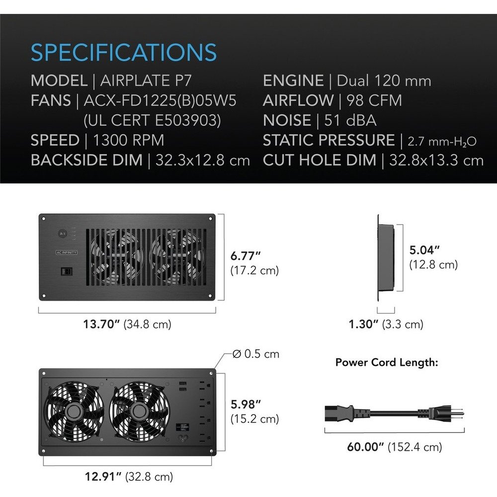 AC Infinity AIRPLATE P7 Cabinet Cooling Fan with Power Outlets - view 2