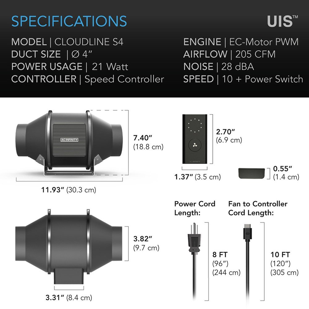 AC Infinity CLOUDLINE S4 4-Inch Inline Duct Fan - view 2