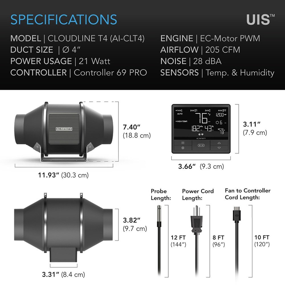 AC Infinity CLOUDLINE T4 4-Inch Inline Duct Fan with Temperature/Humidity Controller - view 2