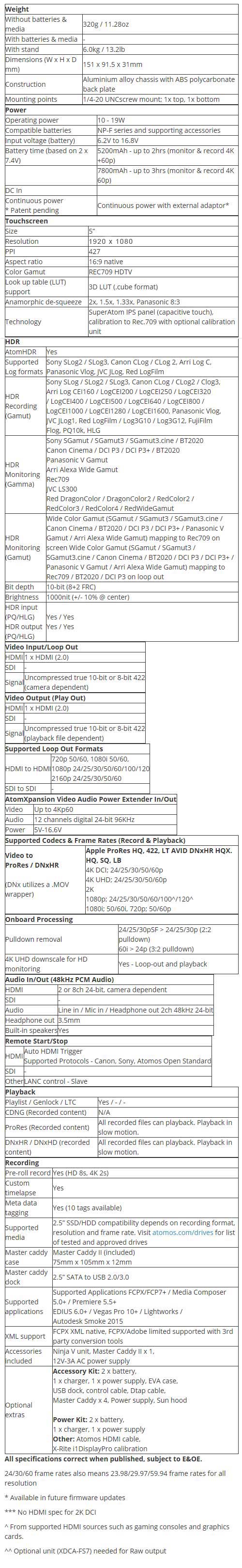 Atomos Ninja V Specs