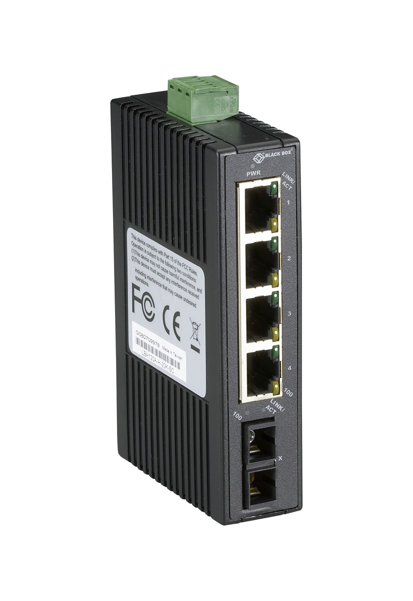 Black Box LBH120A-H-20K-SC LBH120 Series Fast Ethernet (100-Mbps) Hardened Temperature Switch - (4) 10/100-Mbps Copper RJ45, (1) 100-Mbps Singlemode Fiber, 1300nm, 20km, SC