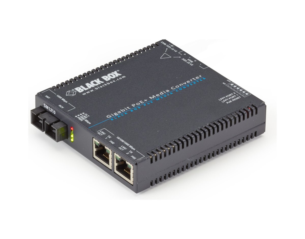 Black Box LGC5212A LGC5200 Series Gigabit Ethernet (1000-Mbps) PoE+ Media Converter - 10/100/1000-Mbps Copper to 100/1000-Mbps Singlemode Fiber, 1310nm, 15km, SC product image