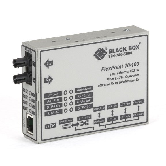 Black Box LMC100A-R3 Fast Ethernet (100-Mbps) Media Converter - 10/100-Mbps Copper to 100-Mbps Multimode Fiber, 1300nm, 2km, ST, North America Power Supply