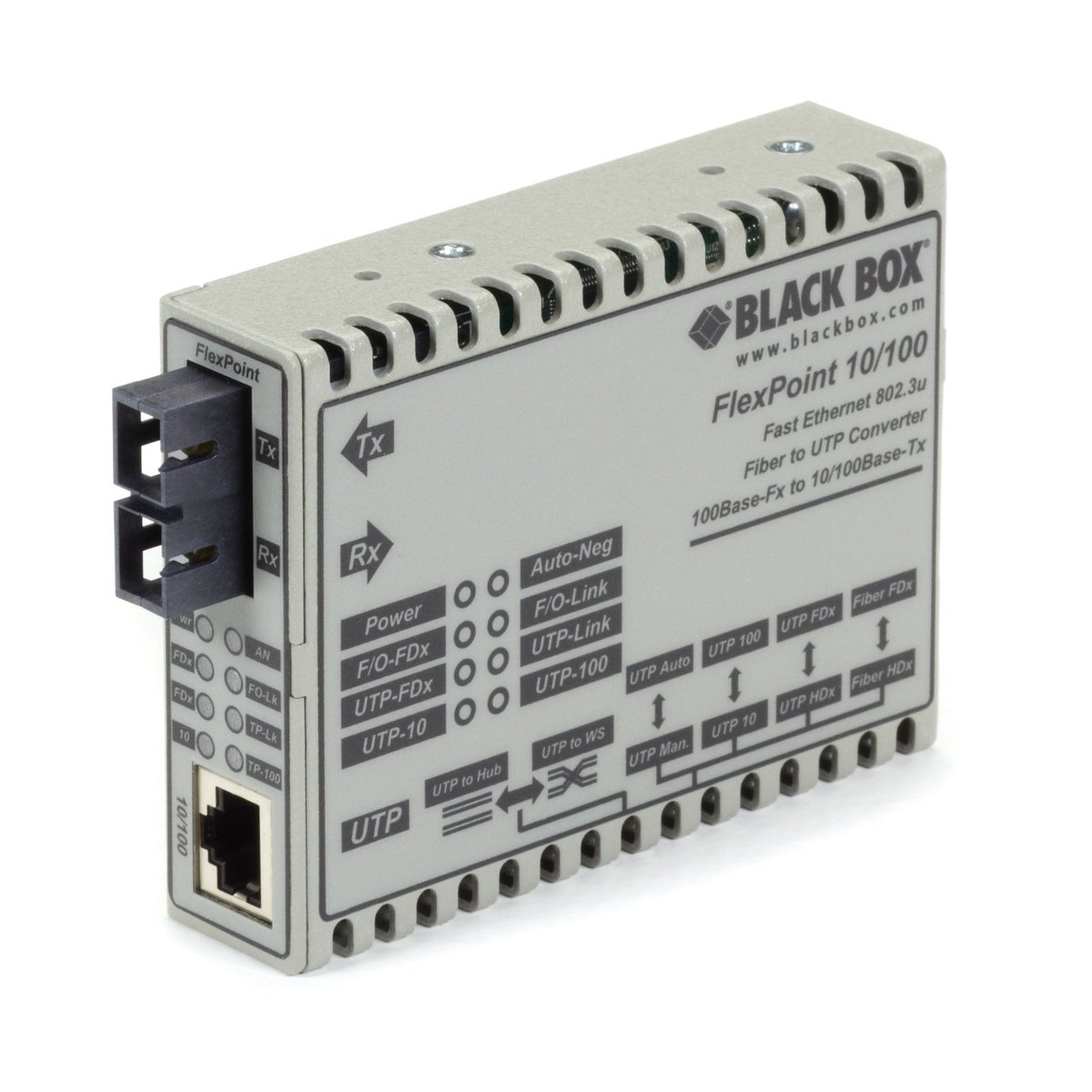 Black Box LMC100A-SC-R3 Fast Ethernet (100-Mbps) Media Converter - 10/100-Mbps Copper to 100-Mbps Multimode Fiber, 1300nm, 2km, SC, North America Power Supply product image