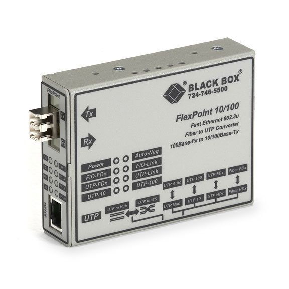 Black Box LMC100A-SMLC-R2 Fast Ethernet (100-Mbps) Media Converter - 10/100-Mbps Copper to 100-Mbps Singlemode Fiber, 1310nm, 28km, LC, North America Power Supply