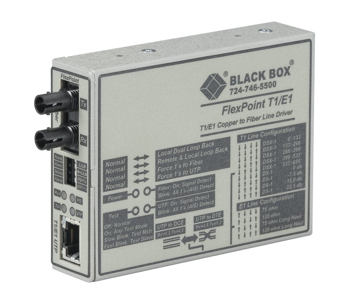 Black Box MT660A-MM FlexPoint Managed T1/E1 Media Converter - T1/E1 Copper to Multimode Fiber, 1300nm, 5km, ST