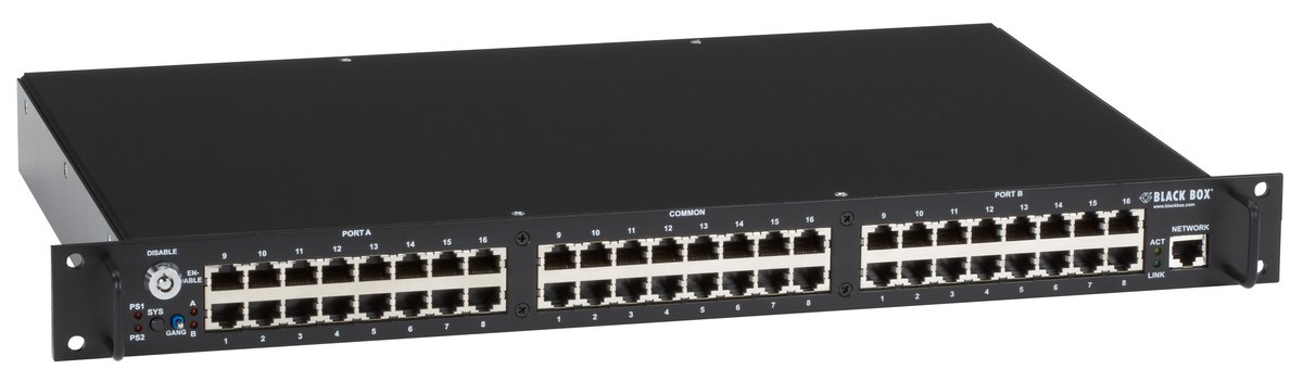 Black Box NBS016MA Rackmount Gang Switch - 19-in., 1U, (16) RJ-45 A/B (Pins 1/2 and 3/6), Network Manageable product image