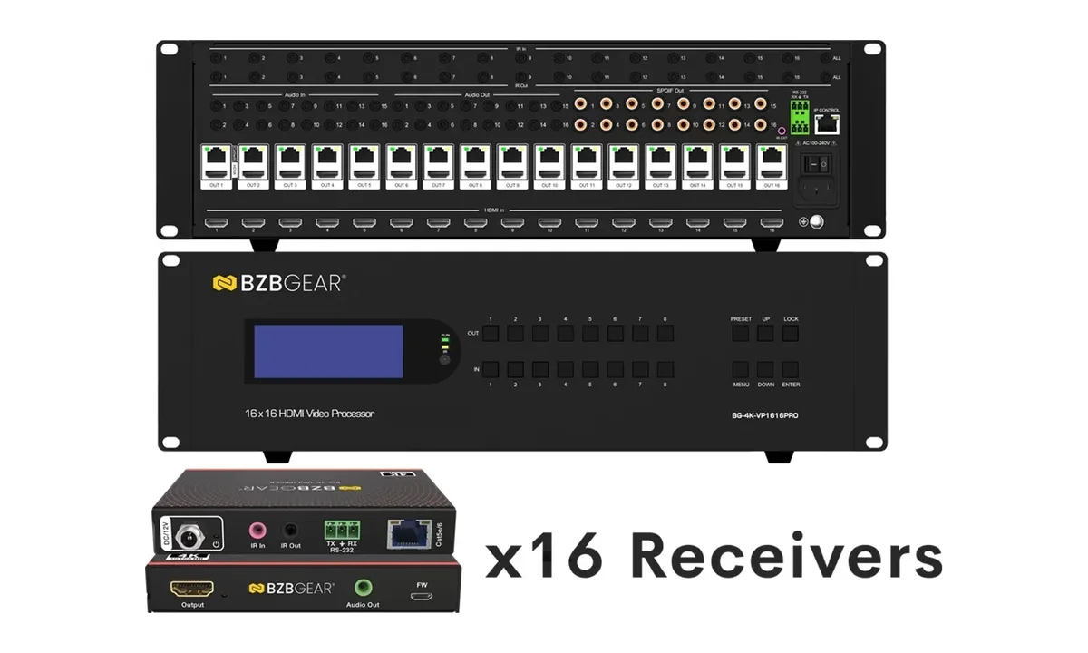 BZBGear BG-4K-VP1616PRO 16x16 Seamless Matrix, Video Wall and Multiviewer Kit with 16 Receivers - view 2