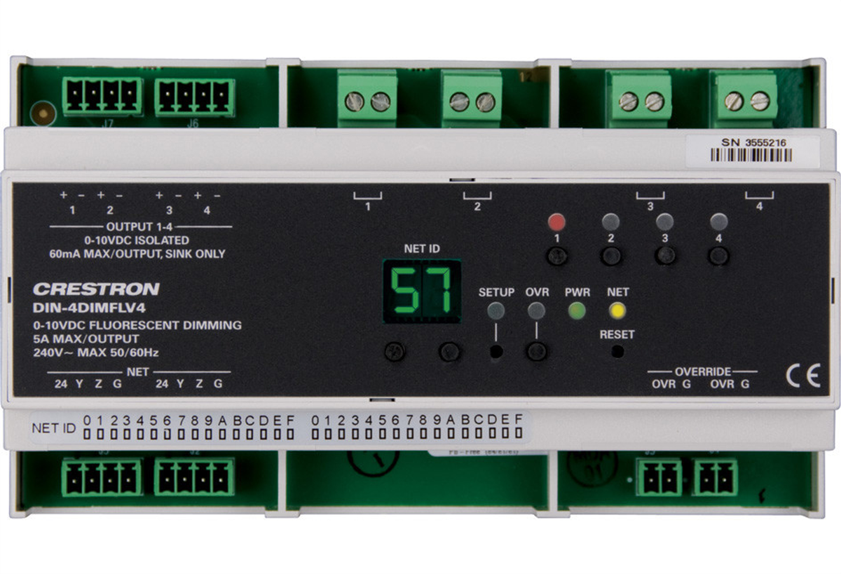 Crestron DIN-4DIMFLV4 4 Channel 0-10V Dimmer, 4 Feeds, DIN Rail Mount