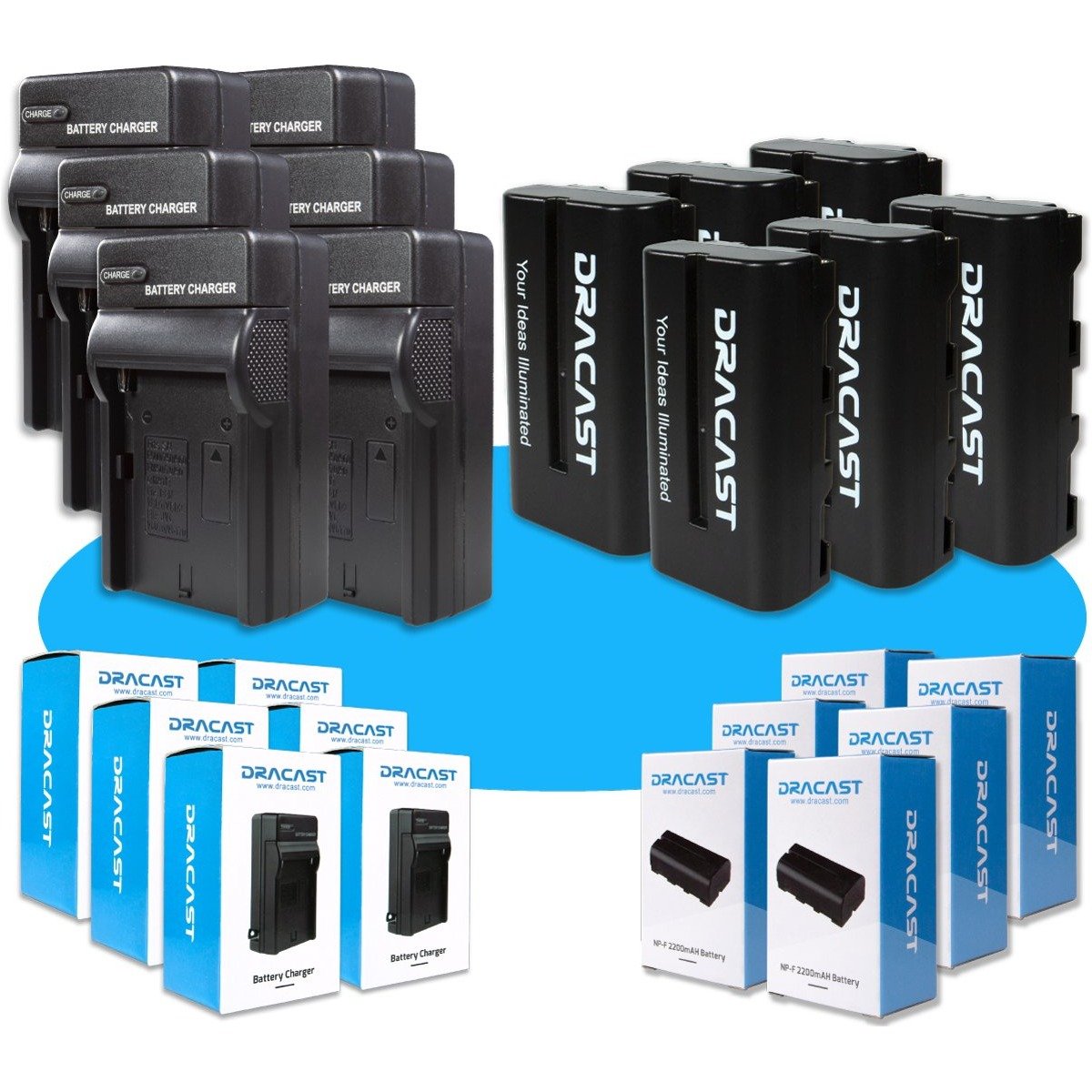 Dracast 6x NP-F 2200mAh Batteries and 6 Charger Kit