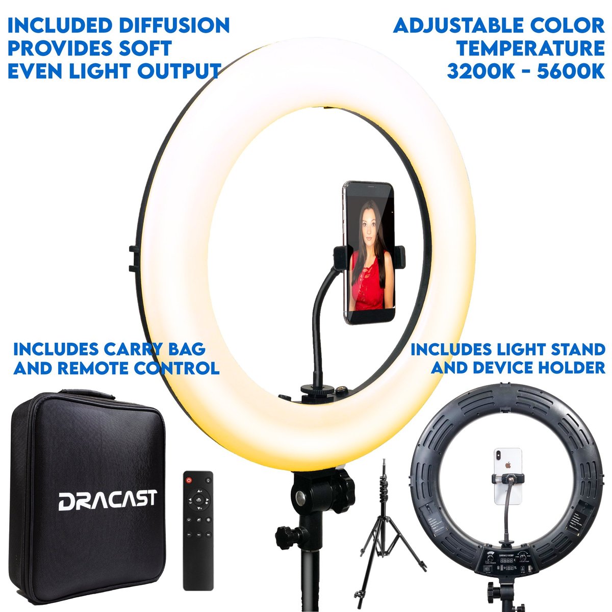 Dracast Halo Plus Series 180 Bicolor LED Ring light with Stand Kit - view 2