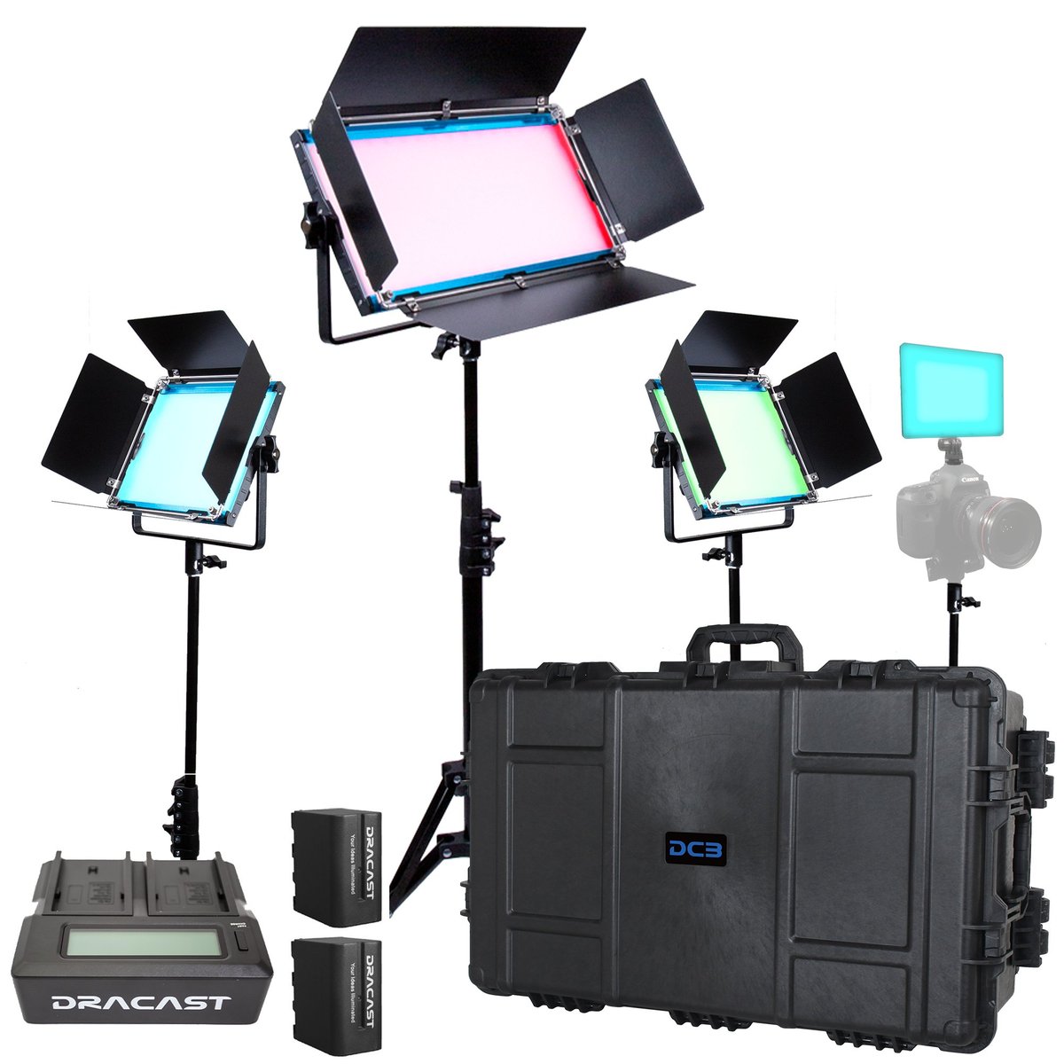 Dracast X Series LED Lighting Kit 3 (x2 DRX500RGB, x1 DRX1000RGB, x1 DRX240RGB, 7975 Travel Case) product image