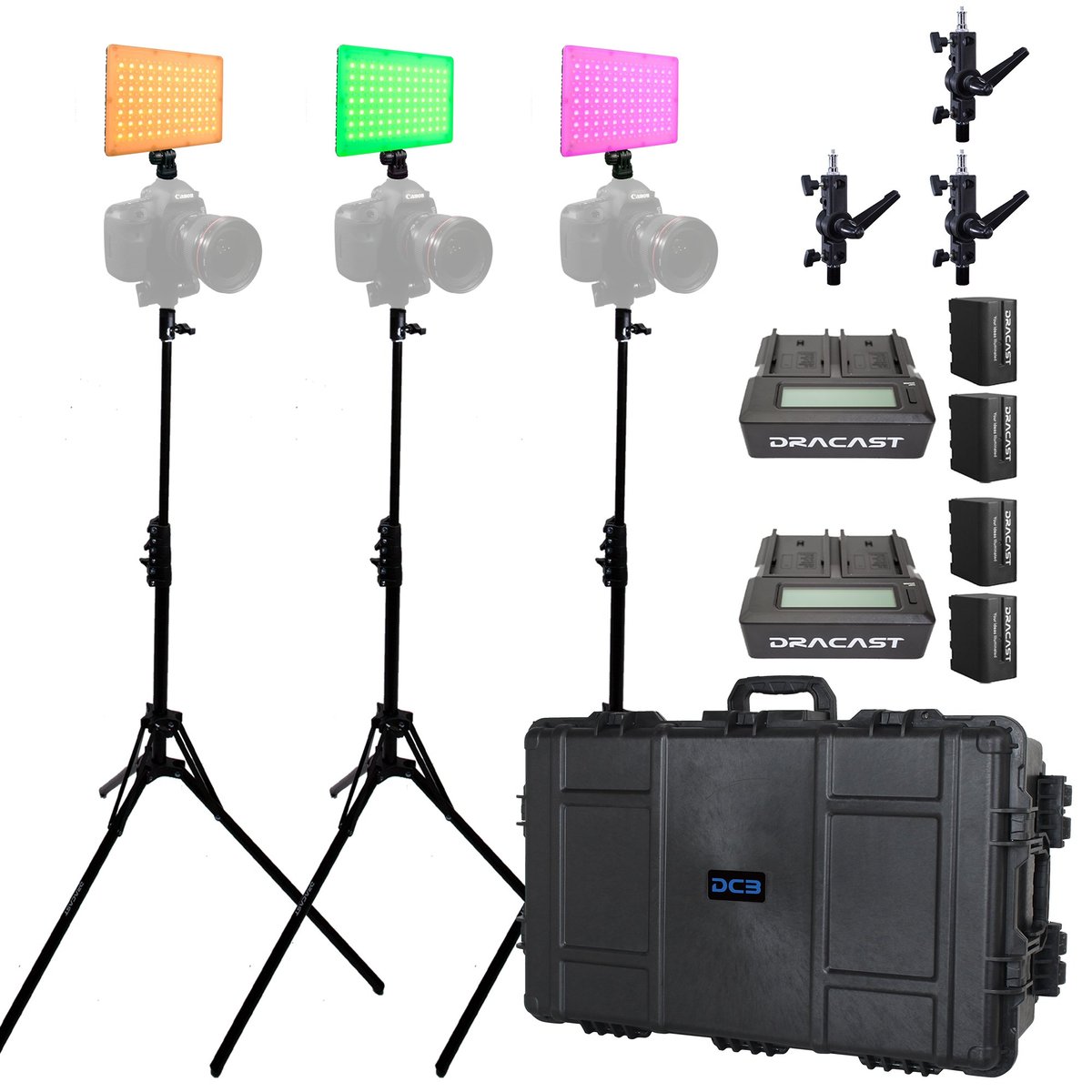 Dracast X Series LED Lighting Kit 34 (x3 DRX240RGB, Battery Kits, Swivel Mounts, Light Stands, 7975 Travel Case) product image