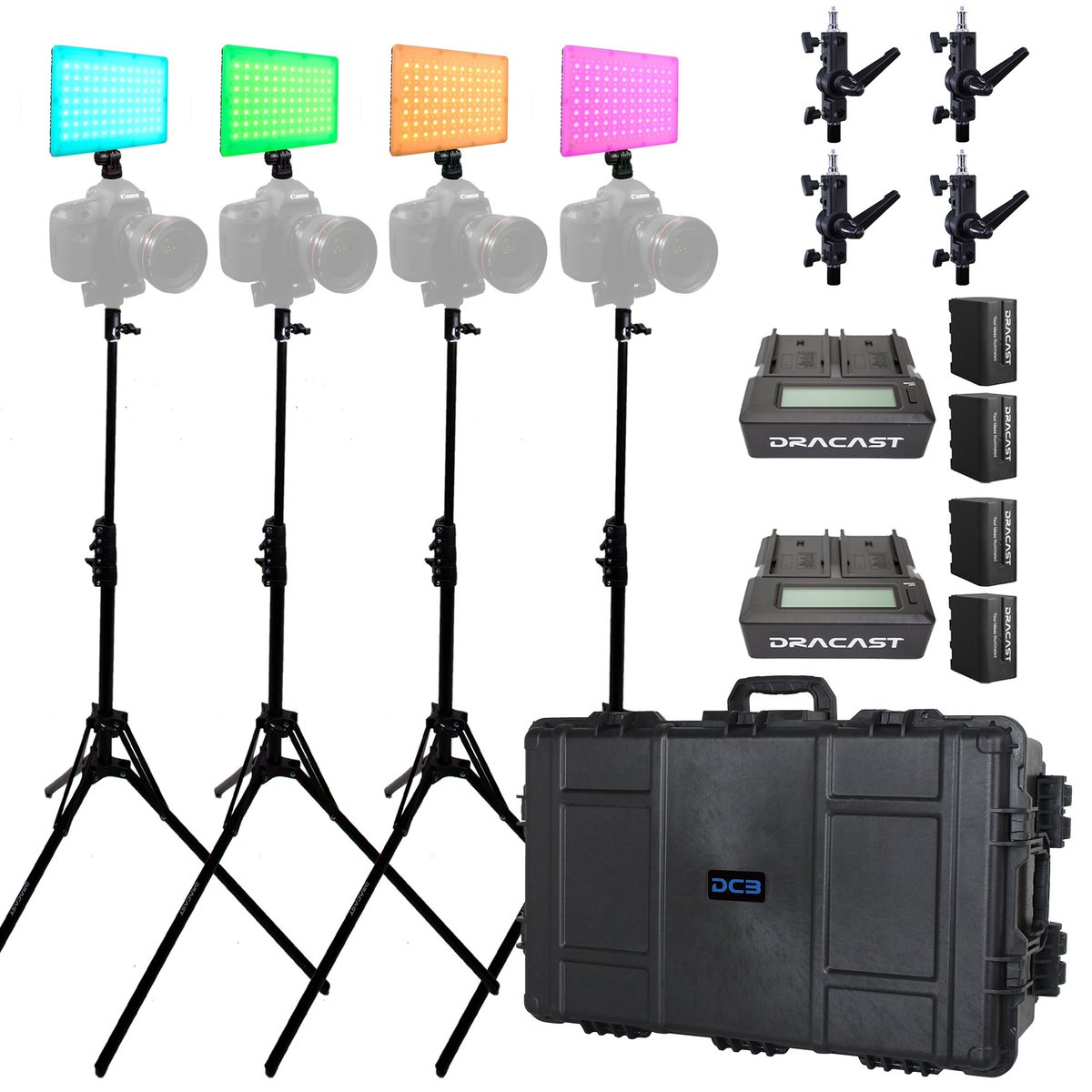 Dracast X Series LED Lighting Kit 35 (x4 DRX240RGB, Battery Kits, Swivel Mounts, Light Stands, 7975 Travel Case) product image