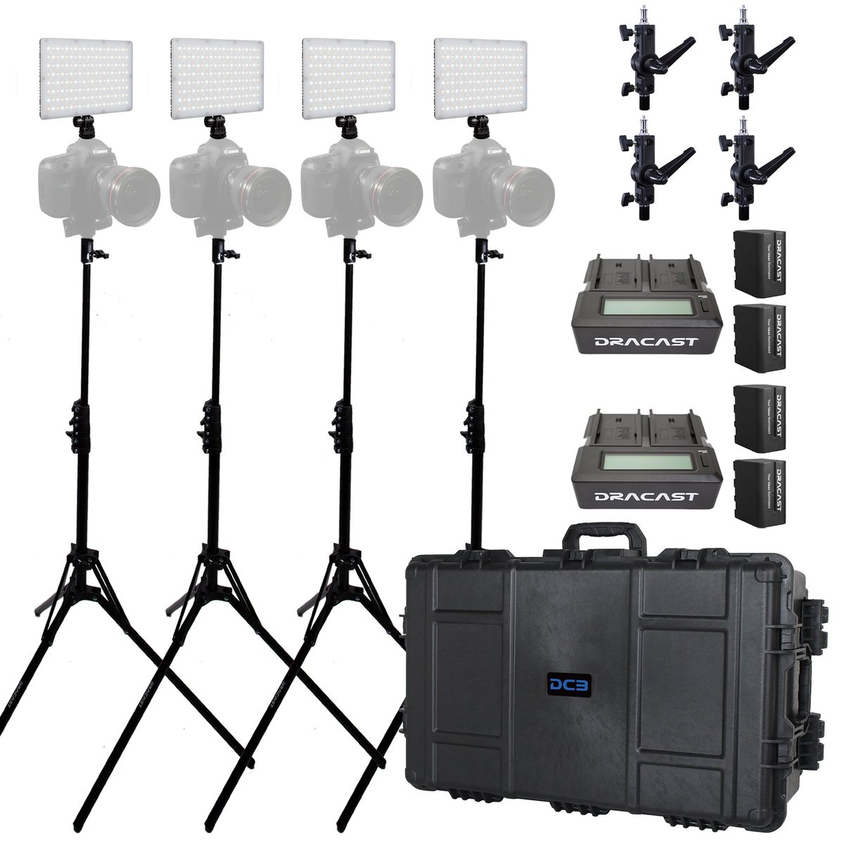 Dracast X Series LED Lighting Kit 38 (x4 DRX240B, Battery Kits, Swivel Mounts, Light Stands, 7975 Travel Case) product image
