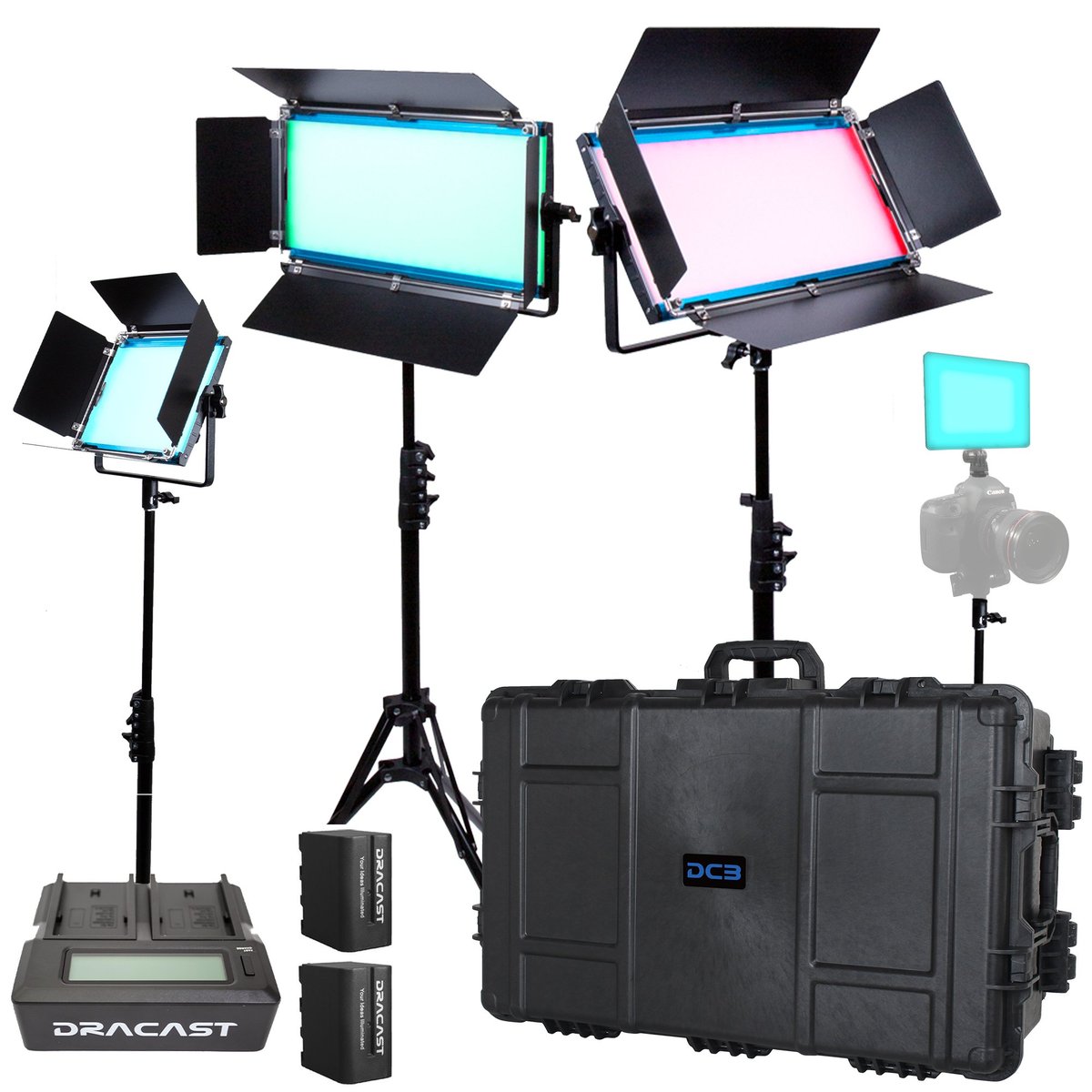 Dracast X Series LED Lighting Kit 4 (x1 DRX500RGB, x2 DRX1000RGB, x1 DRX240RGB, 7975 Travel Case) product image