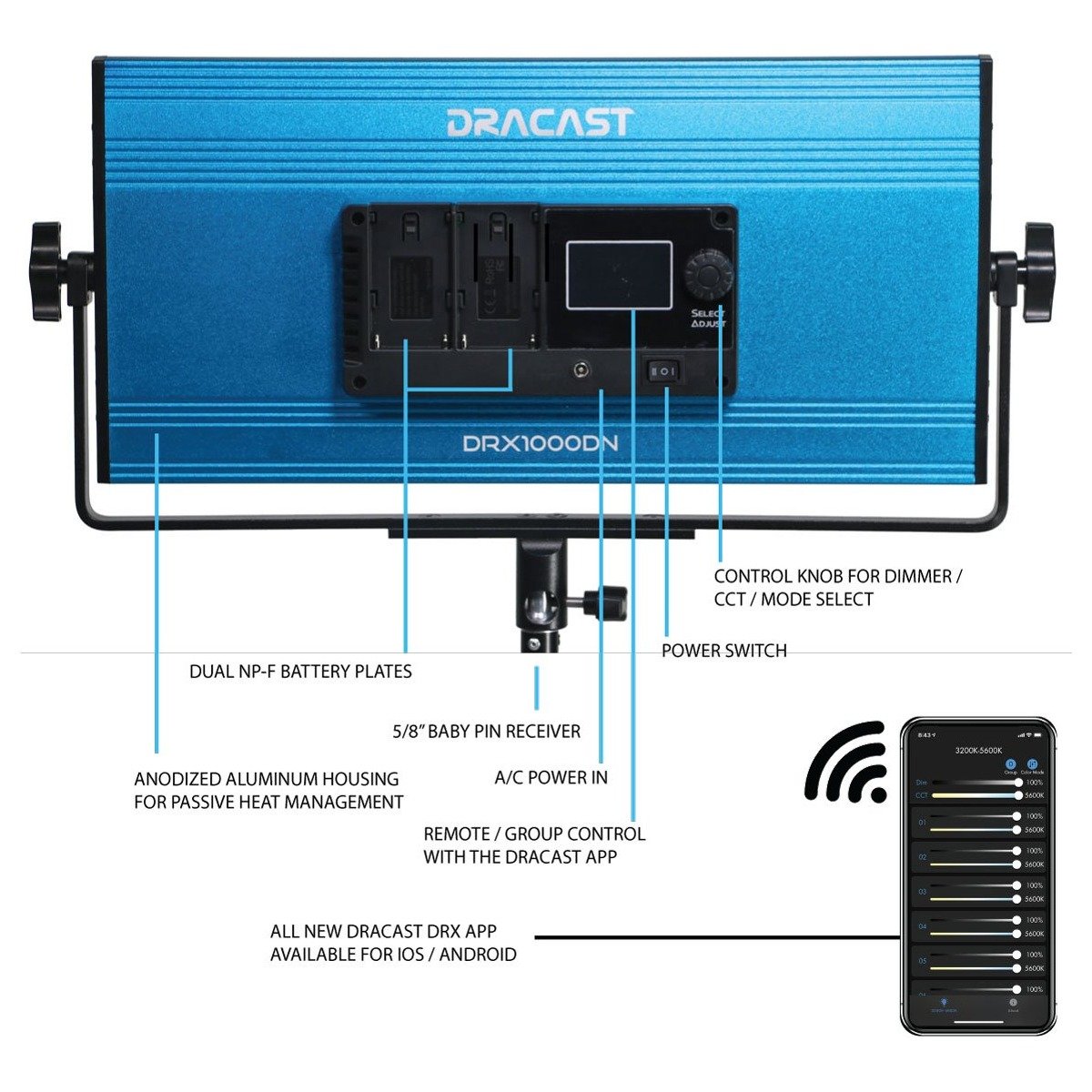 Dracast X Series LED1000 Daylight LED 3 Light Kit with Injection Molded Travel Case - view 5