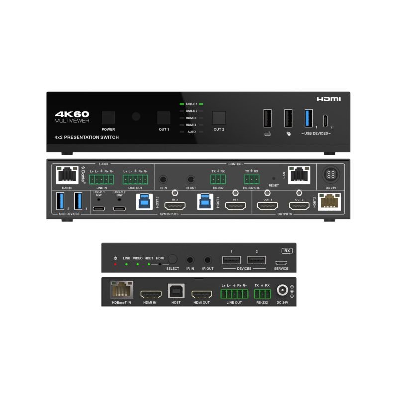 DVDO USBC-HDMI-PS-42-Xtend 4K 4x2 Seamless Presentation Switcher / Extender with USB-C & HDMI Inputs & Dante