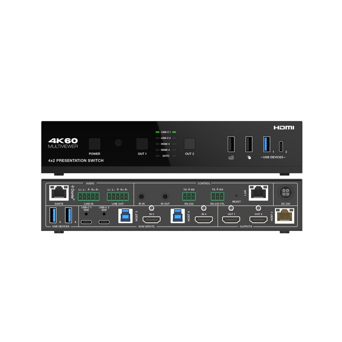 DVDO USBC-HDMI-PS-42-Xtend 4K 4x2 Seamless Presentation Switcher / Extender with USB-C & HDMI Inputs & Dante - view 3
