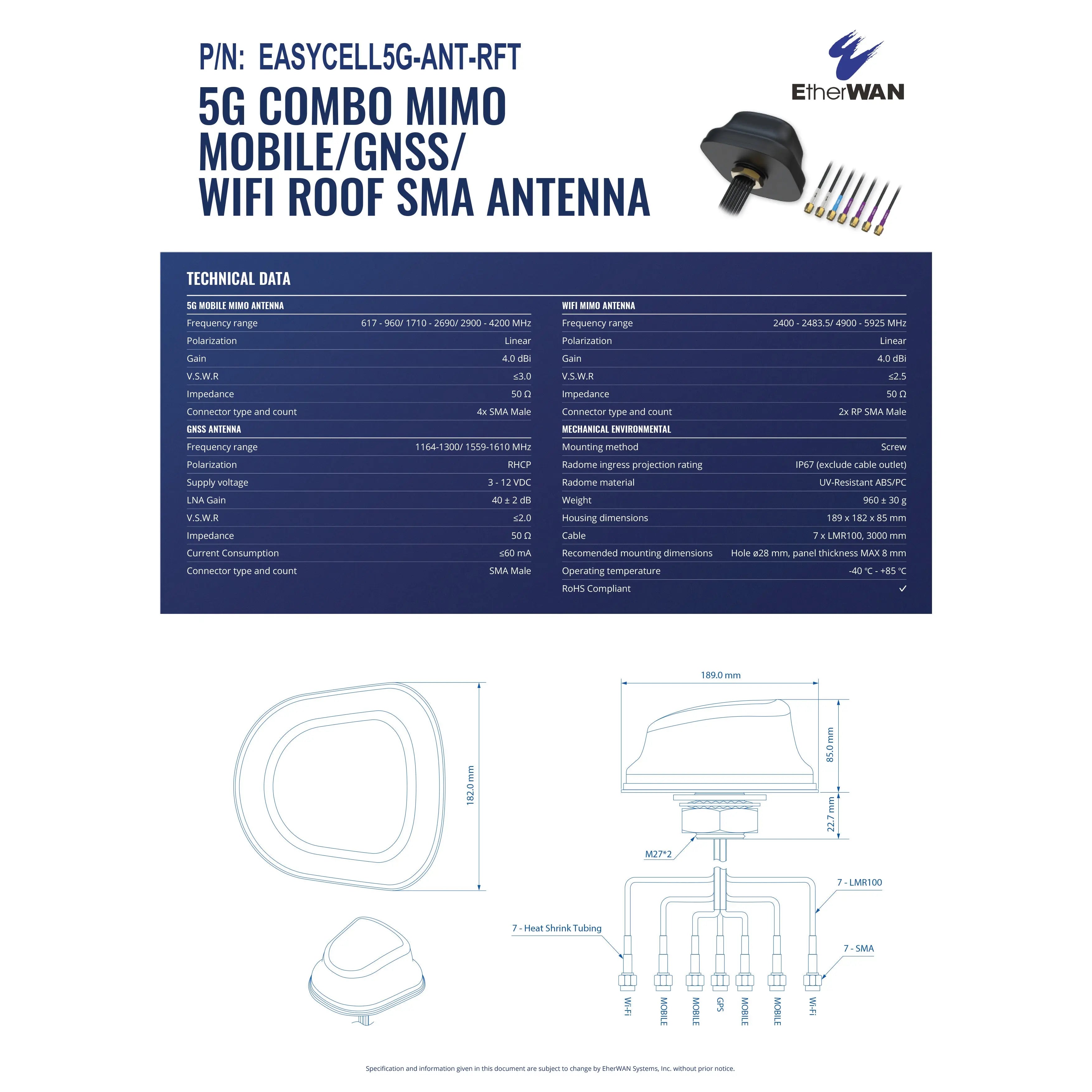 EtherWAN EASYCELL5G-ANT-RFT 5G Combo MIMO Mobile/GNSS/WiFi Roof SMA Antenna - view 2
