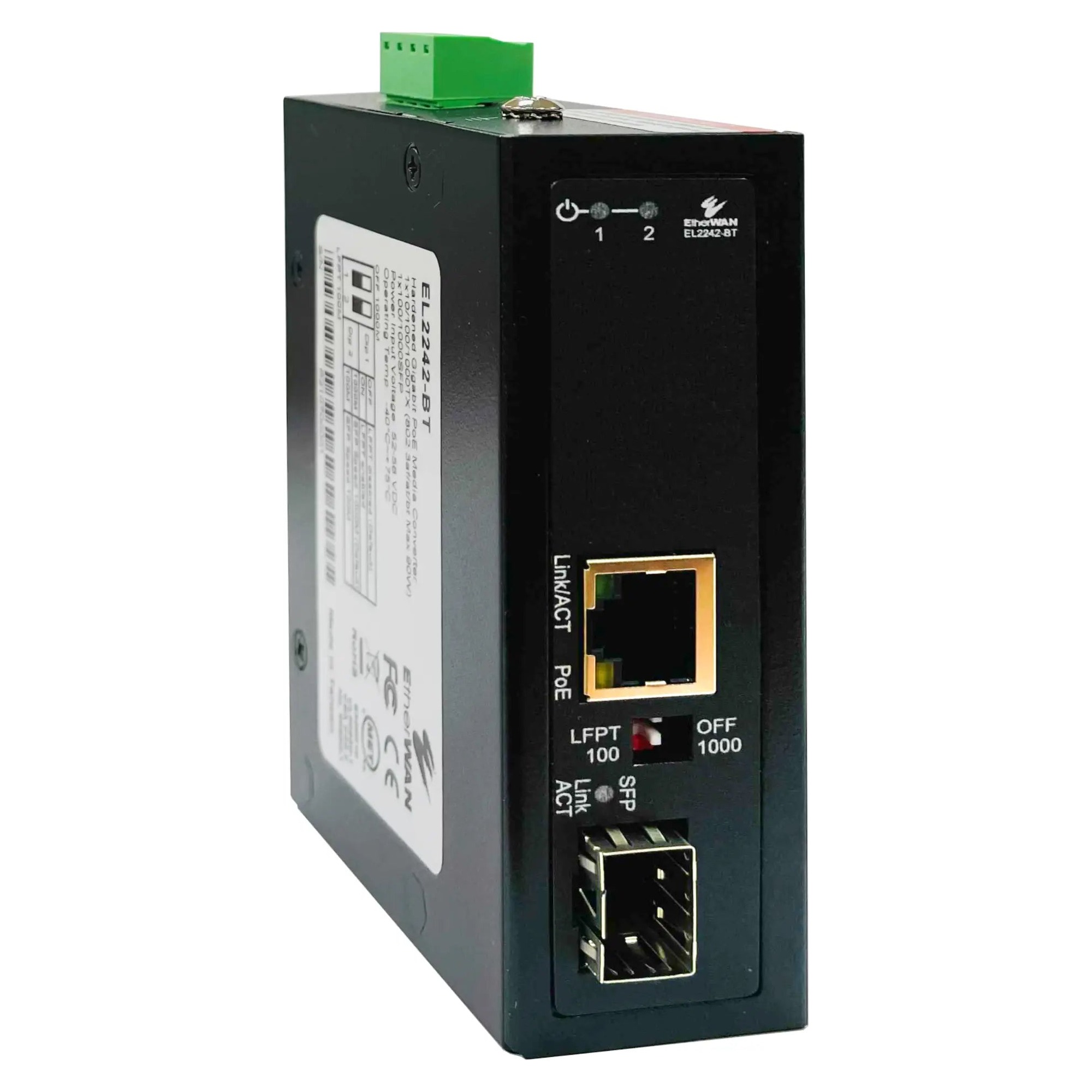 EtherWAN EL2242-BT Hardened Gigabit 90W PoE Media Converter