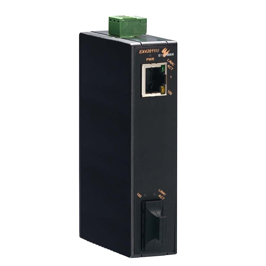 EtherWAN EX42011 10/100BASE-TX to 100BASE-FX Industrial Media Converter with 4kV surge protection product image