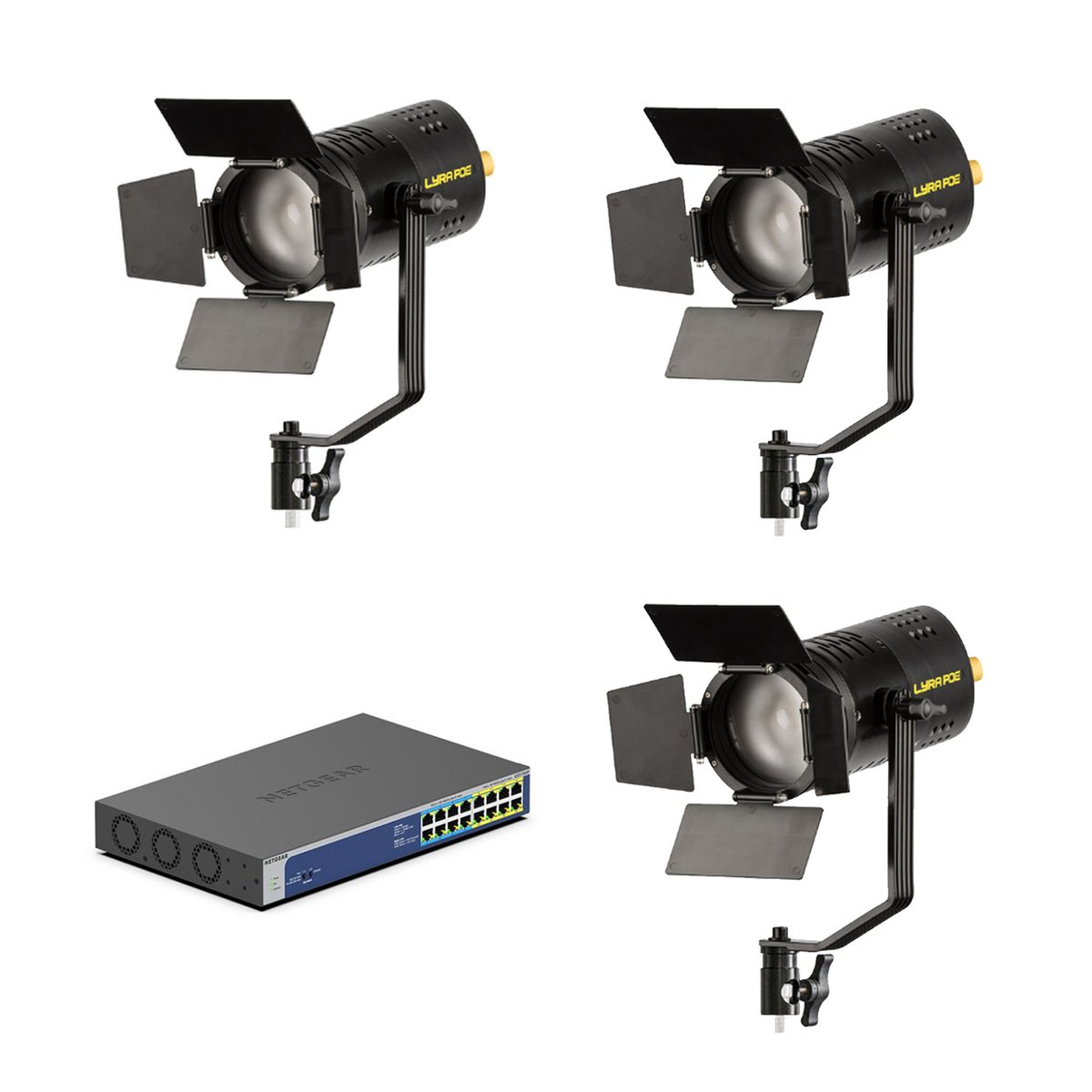 Ikan Lyra POE Bi-Color Studio Fresnel LED Light 3x Light with Netgear PoE++ Ultra 60 Switch Bundle (Unmanaged) product image