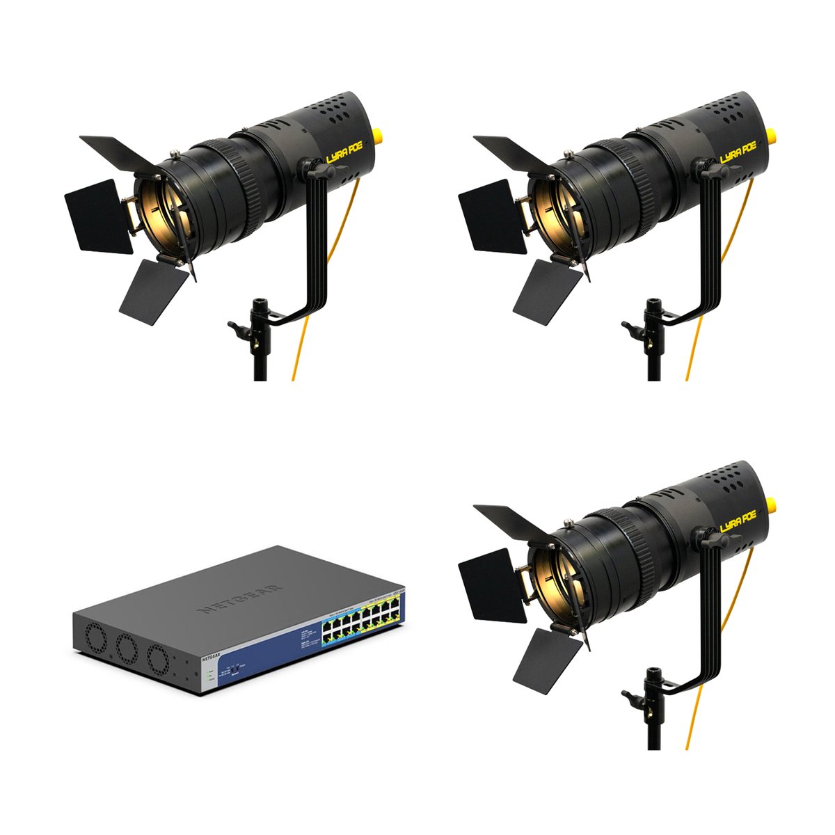 Ikan Lyra POE Bi-Color Studio Fresnel Zoom LED Light 3x Light with Netgear PoE++ Ultra 60 Switch Bundle (Unmanaged)