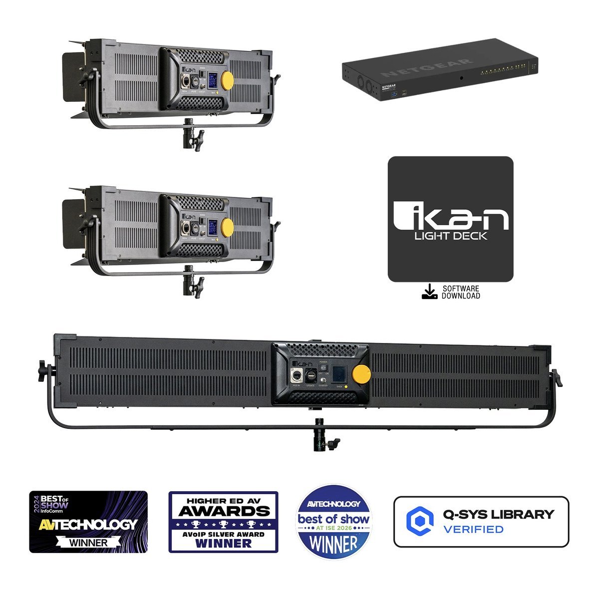 Ikan Lyra POE Low Profile Bi-Color Led Light with Netgear PoE++ Switch Bundle (Mix)