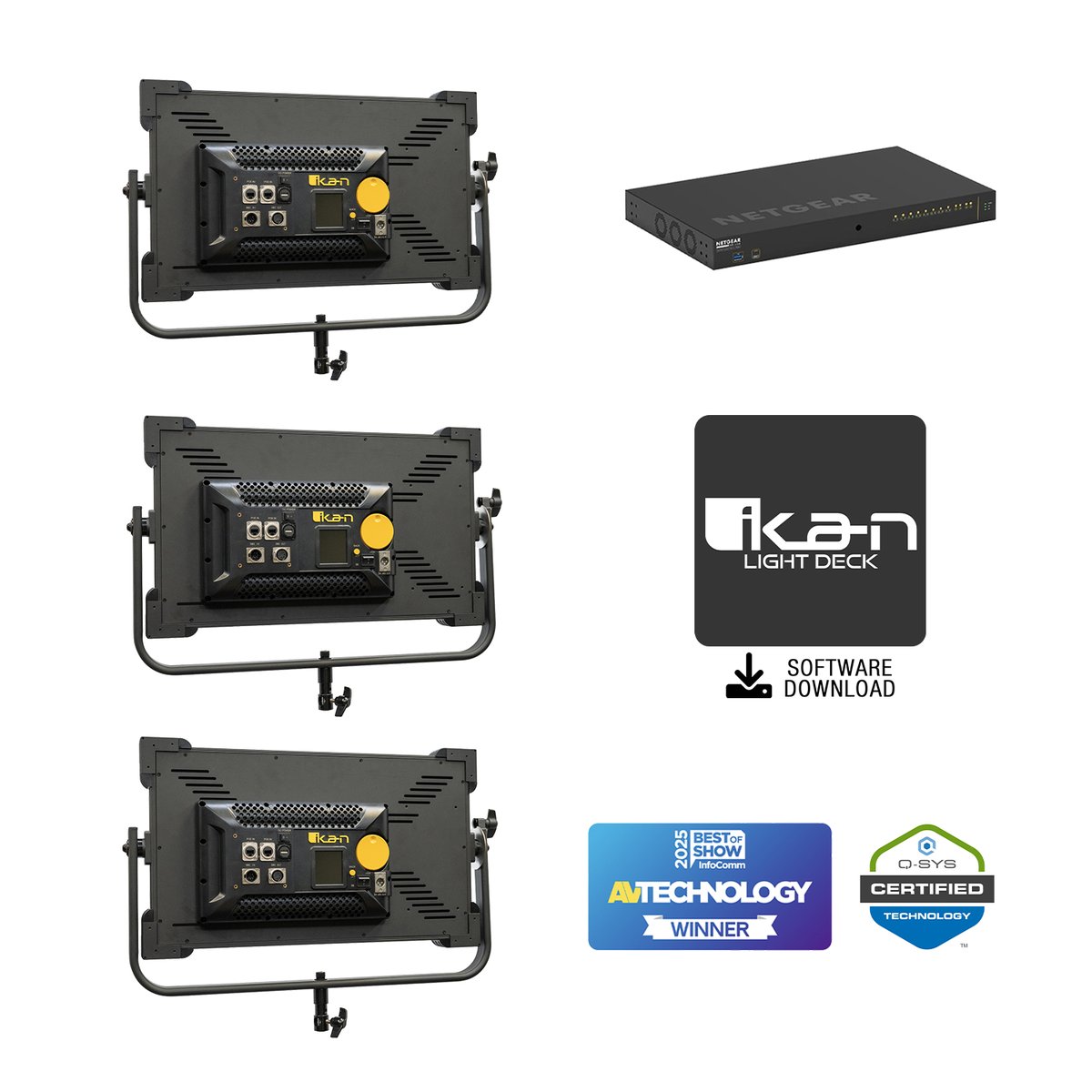 Ikan Lyra POE 1 x 2 Bi-Color Studio Soft Panel LED 3x Light Bundle with Netgear PoE++ Switch and Light Deck product image