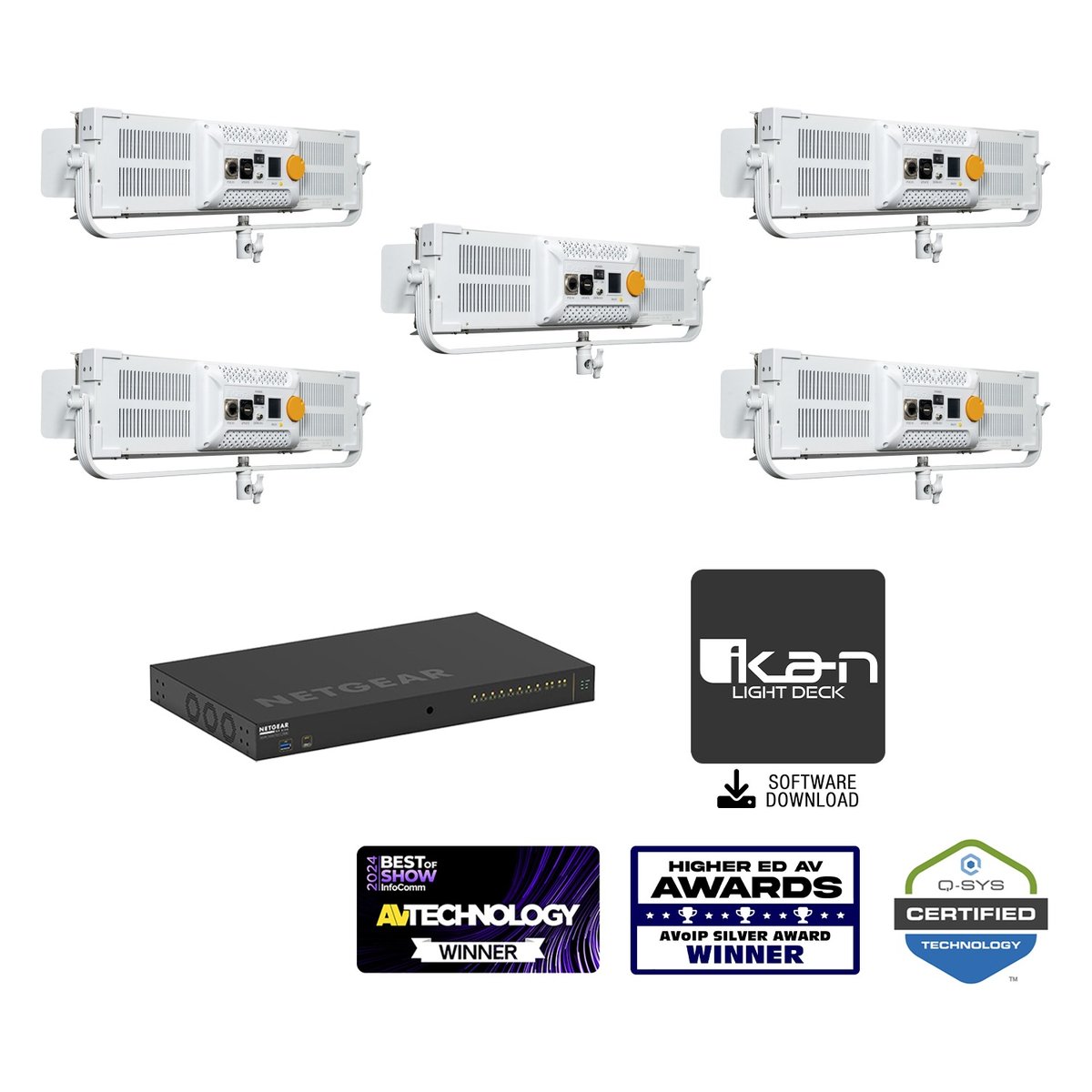 Ikan Lyra POE Low Profile Bi-Color Studio Panel Soft LED 5x Light with Netgear PoE++ Switch Bundle (White) product image