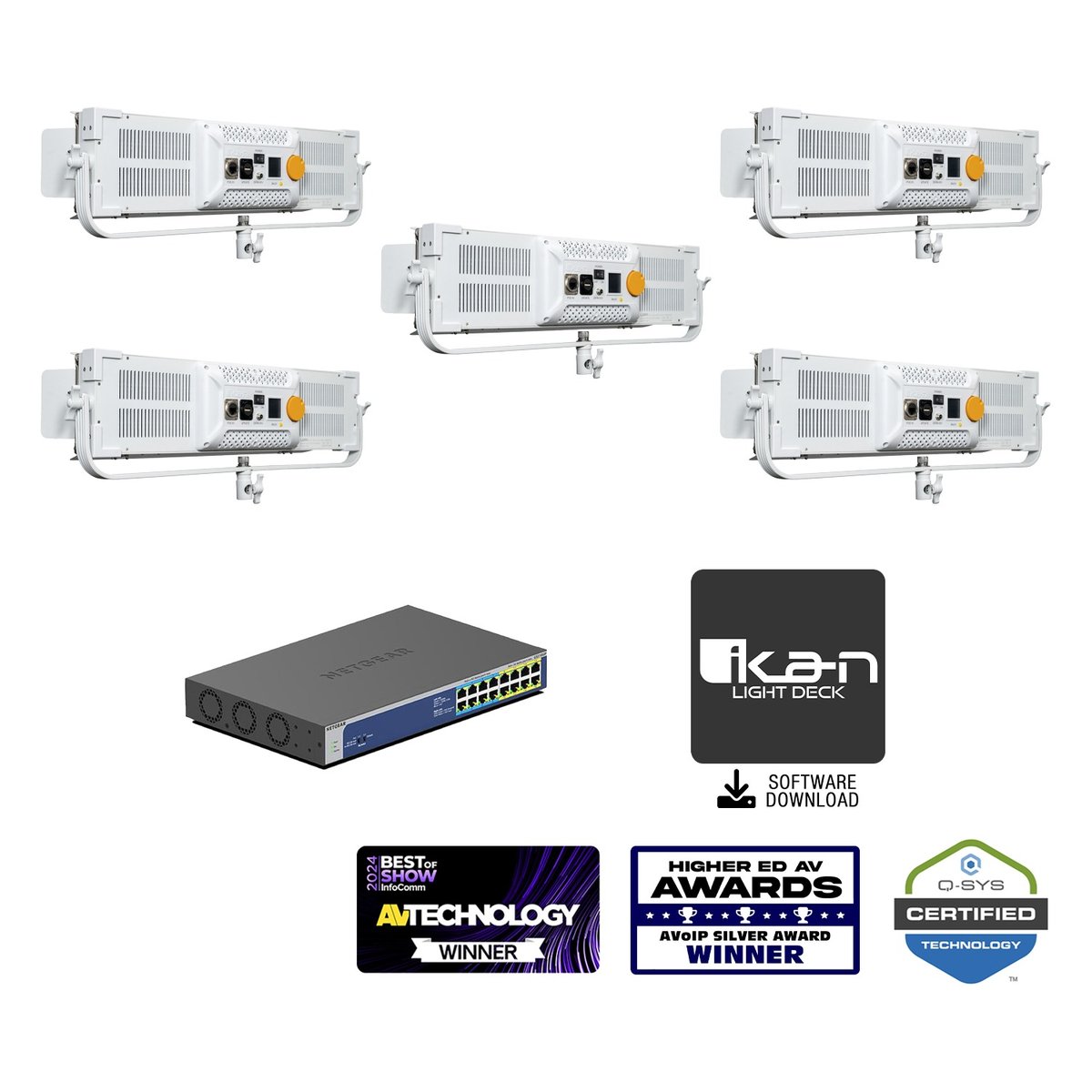 Ikan Lyra POE Low Profile Bi-Color Studio Panel Soft LED 5x Light with Netgear PoE++ Ultra60 Switch Bundle (Unmanaged) (White)