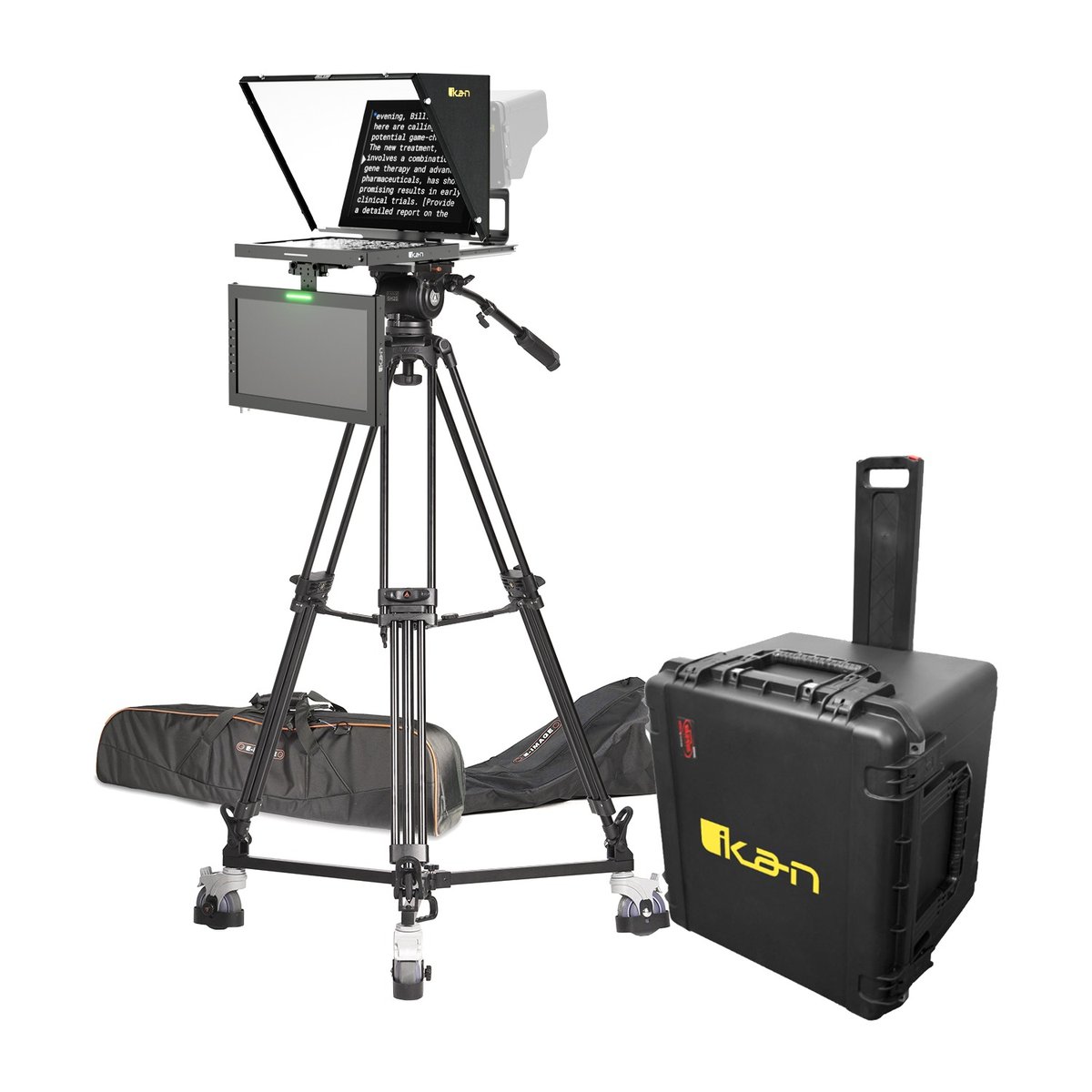 Ikan 15in 4:3 Teleprompter w/ Widescreen Talent Monitor, Tripod & Dolly, Travel Kit Turnkey