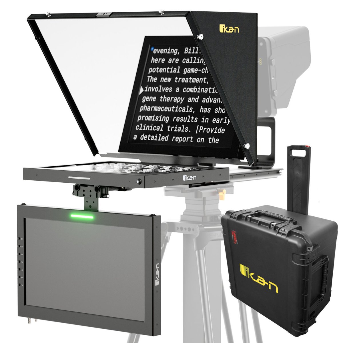 Ikan Professional 15 in. High Bright SDI and HDMI Beam Splitter Teleprompter with Talent Monitor and Travel Kit
