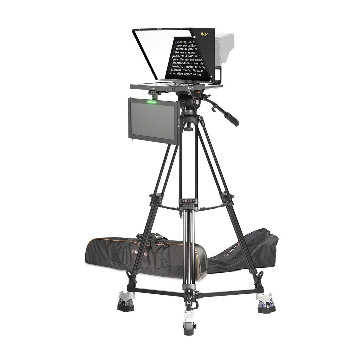 Ikan 15in 4:3 Teleprompter w/ Widescreen Talent Monitor, Tripod & Dolly Turnkey
