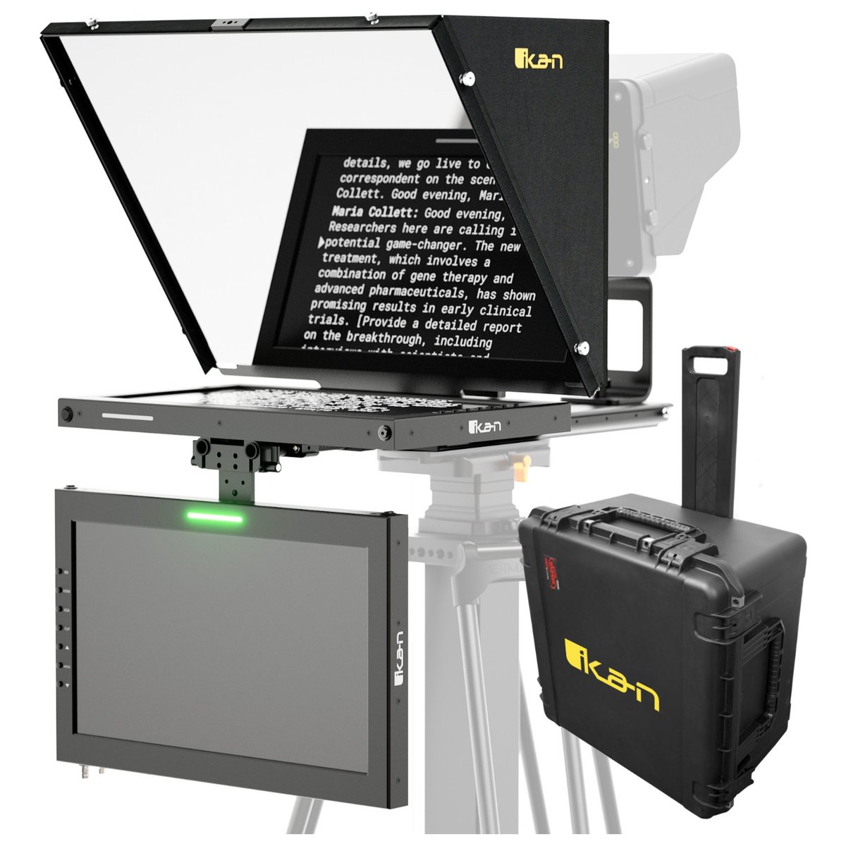 Ikan Professional 15 in. High Bright Teleprompter with Widescreen Tally SDI Monitor, Talent Monitor and Travel Kit