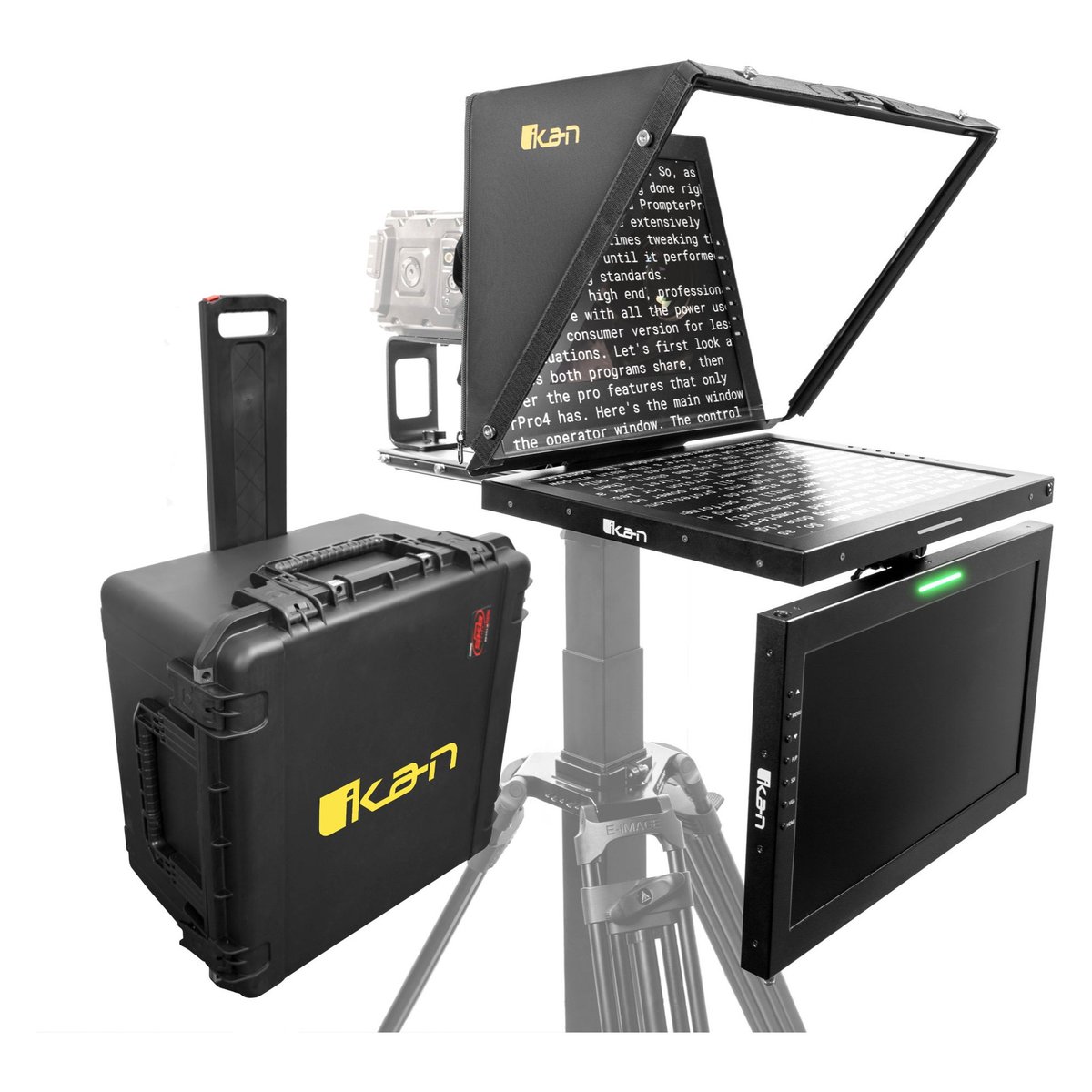 Ikan Aura Professional 19 in. SDI High Bright Beam Splitter Teleprompter with Talent Monitor Kit and Travel Kit