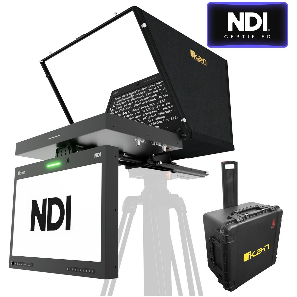Ikan Aura 19" PTZ POE++ NDI Teleprompter and NDI Talent Monitor with Full NDI Encoding/Decoding and IP Tally Light + Travel Kit product image