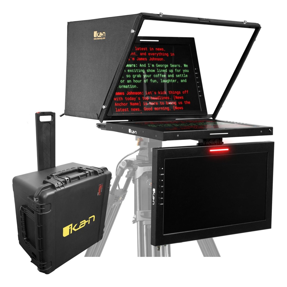 Ikan Professional 19 in. High Bright PTZ Teleprompter with Widescreen Tally SDI Monitor, Talent Monitor and Travel Kit