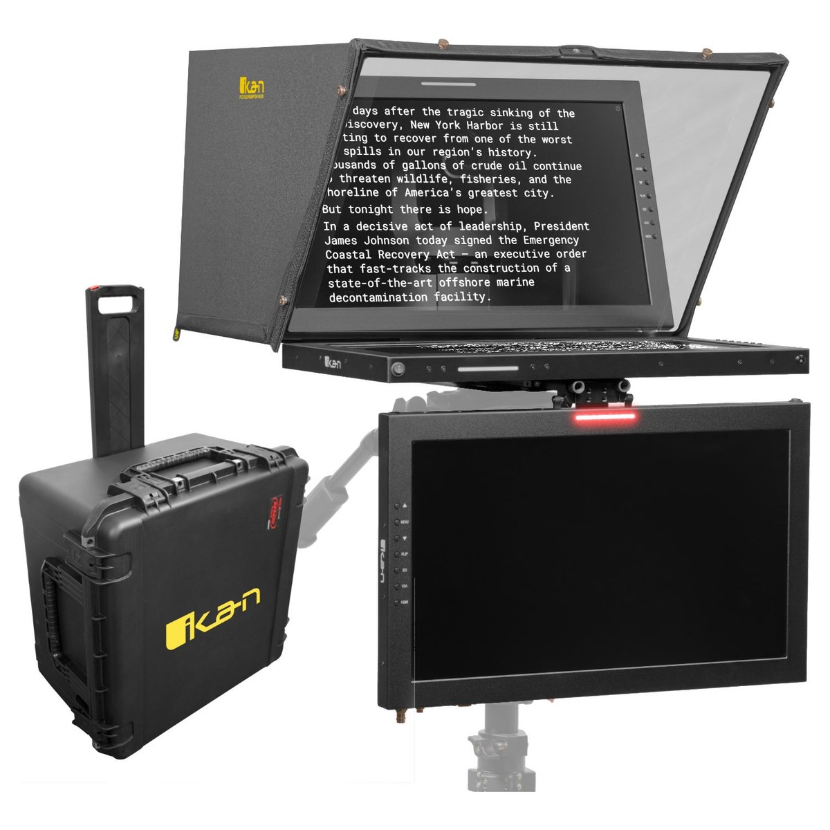 Ikan Aura Professional 21 in. High Bright PTZ Teleprompter with Widescreen Tally SDI Monitor, Talent Monitor and Travel Kit