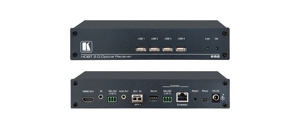 Kramer 692 4K60 4:2:0 HDMI MM/SM Fiber Optic Receiver with USB, Ethernet, RS-232, IR & Stereo Audio De-embedding over Ultra-Reach HDBaseT 2.0 product image