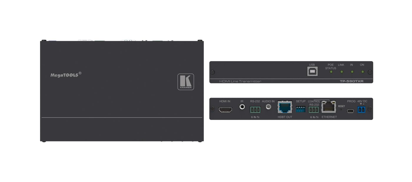 Kramer TP-590TXR 4K60 4:2:0 HDMI PoE Transmitter with USB, Ethernet, RS-232, IR & Stereo Audio Embedding over Extended-Reach HDBaseT 2.0 product image