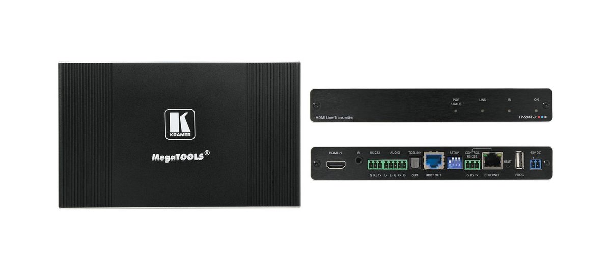 Kramer TP-594Txr 4K HDR HDMI Transmitter with Ethernet, RS-232, IR, ARC & Stereo Audio Routing over PoE Extended-Reach HDBaseT 2.0 product image