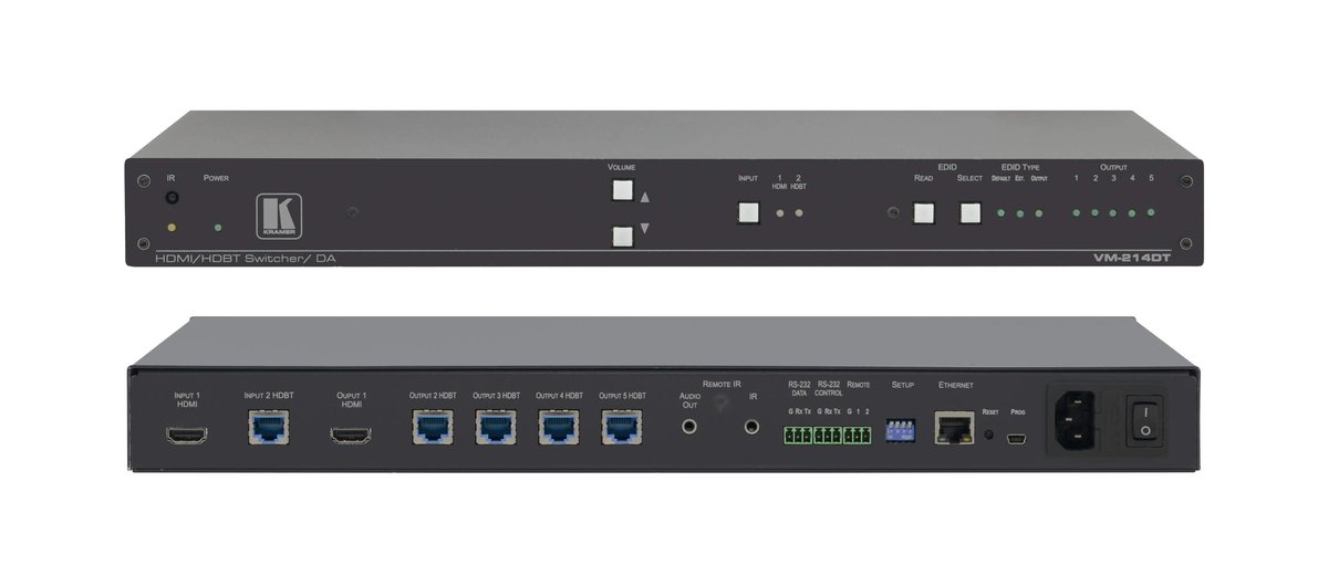 Kramer VM-214DT 2x1:4 4K60 4:2:0 HDMI & Extended-Reach HDBaseT with Ethernet, RS-232, IR & Stereo Audio Switchable DA