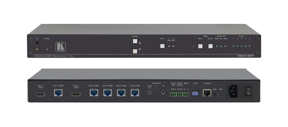 Kramer VM-214DT 2x1:4 4K60 4:2:0 HDMI & Extended-Reach HDBaseT with Ethernet, RS-232, IR & Stereo Audio Switchable DA product image