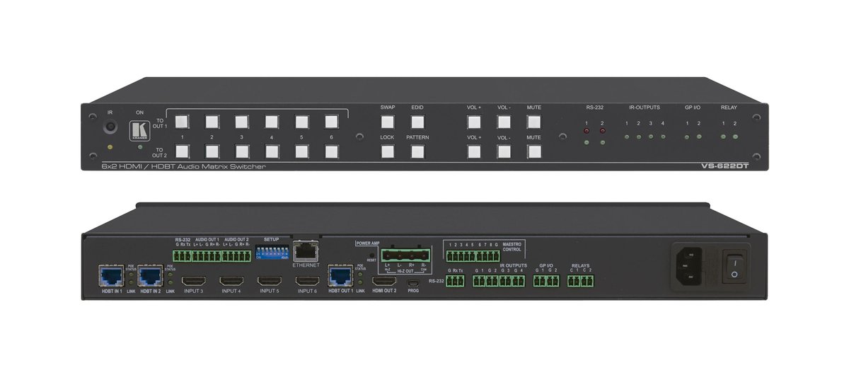 Kramer VS-622DT All-in-One Presentation System with 6x2 4K60 4:2:0 HDMI/HDBaseT Matrix Switching, Control Gateway, PoE, Power Amplifier & Maestro Room Automation