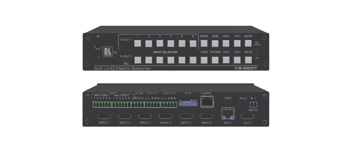 Kramer VS-62DT 6x2 4K60 4:2:0 HDMI/HDBaseT Long-Reach PoE Matrix Switcher
