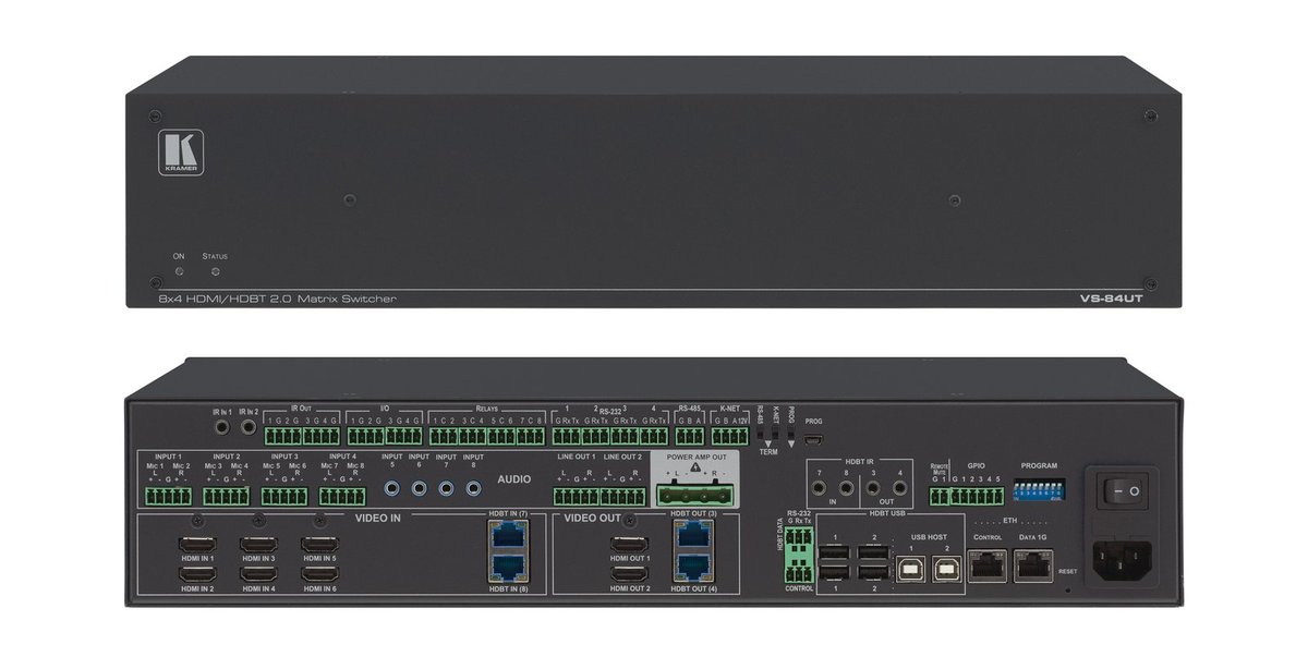 Kramer VS-84UT All-in-One Presentation System with 8x4 4K60 4:2:0 HDMI/HDBaseT 2.0 Matrix Switching, Master Room Controller, PoE & Power Amplifier