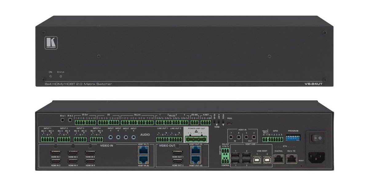 Kramer VS-84UT All-in-One Presentation System with 8x4 4K60 4:2:0 HDMI/HDBaseT 2.0 Matrix Switching, Master Room Controller, PoE & Power Amplifier product image