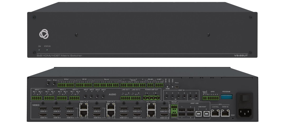 Kramer VS-88UT All-in-One Presentation System with 8x8 4K60 4:2:0 HDMI/HDBaseT 2.0 Matrix Switching, Master Room Controller, PoE & Power Amplifier